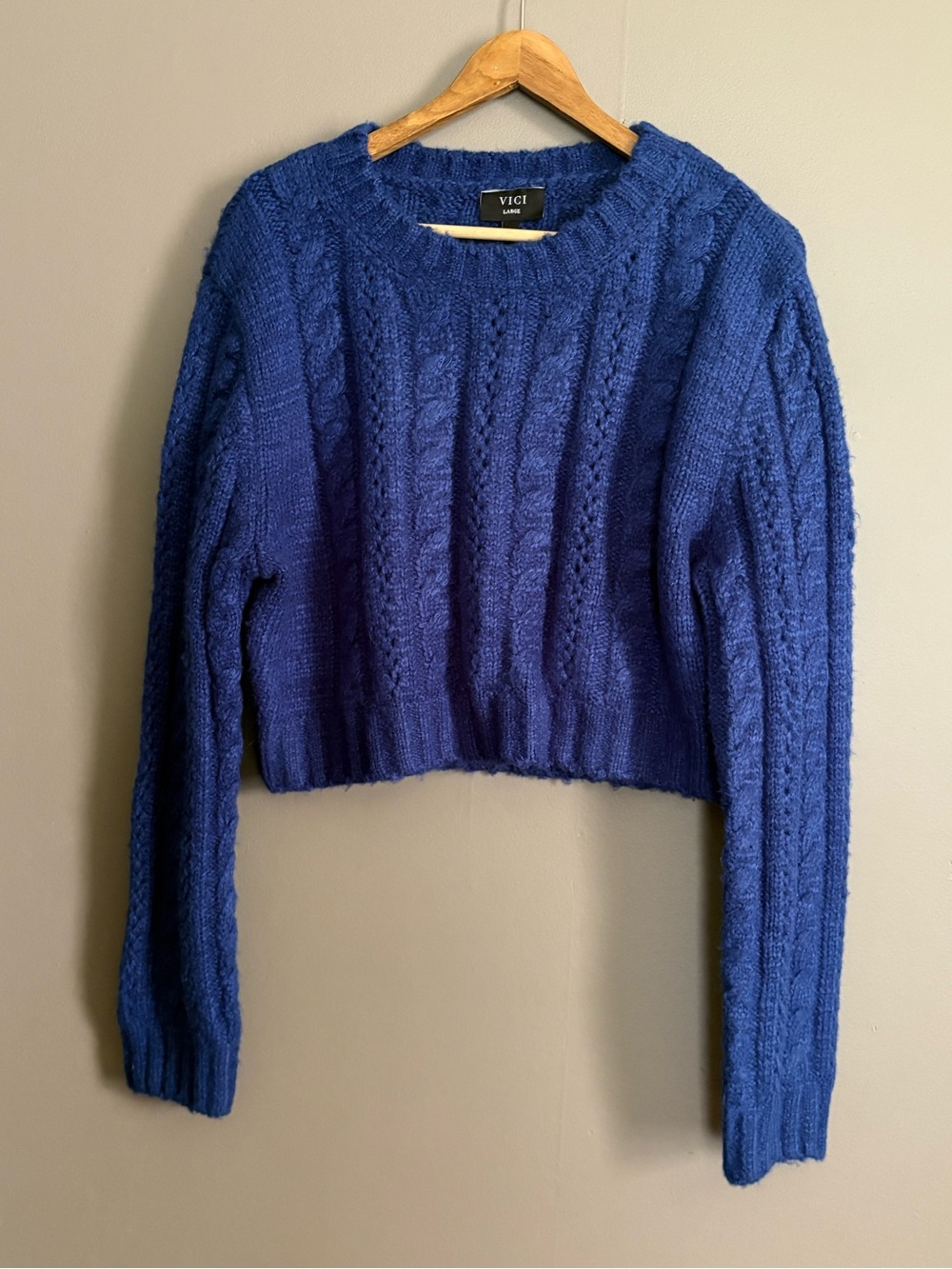 VICI Royal Blue Cable Knit Cropped Crew Sweater Size Large